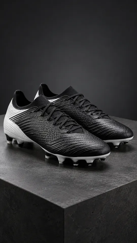 Botines negros con talón blanco sobre un bloque de cemento oscuro